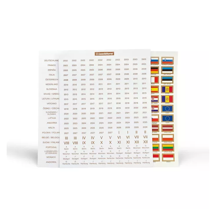 Juego de etiquetas Leuchttrum para monedas de euro, paises y banderas