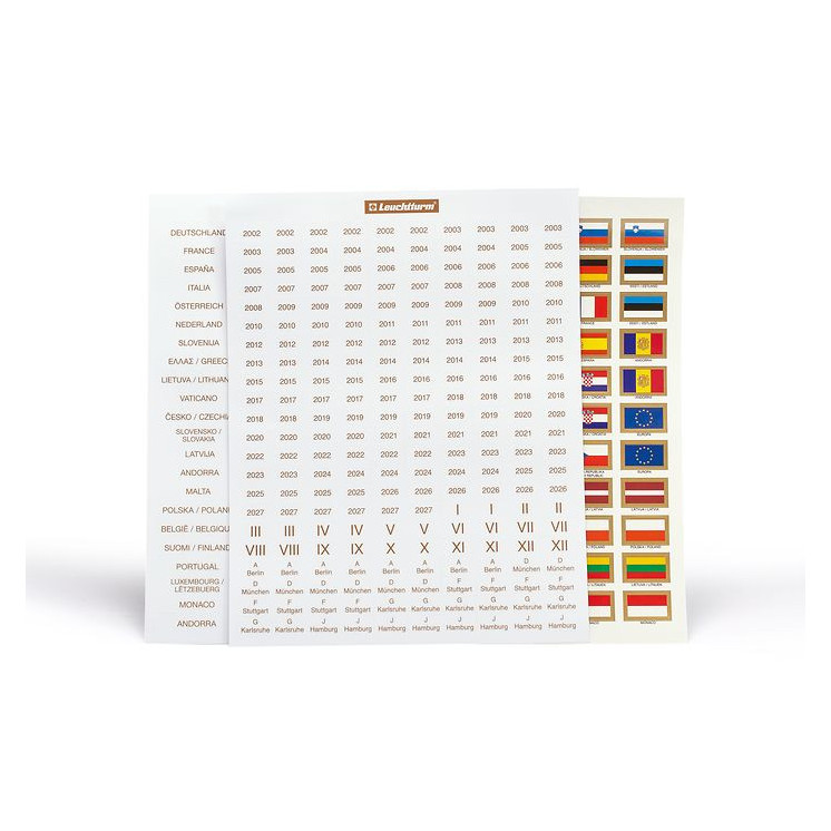 Juego de etiquetas Leuchttrum para monedas de euro, paises y banderas